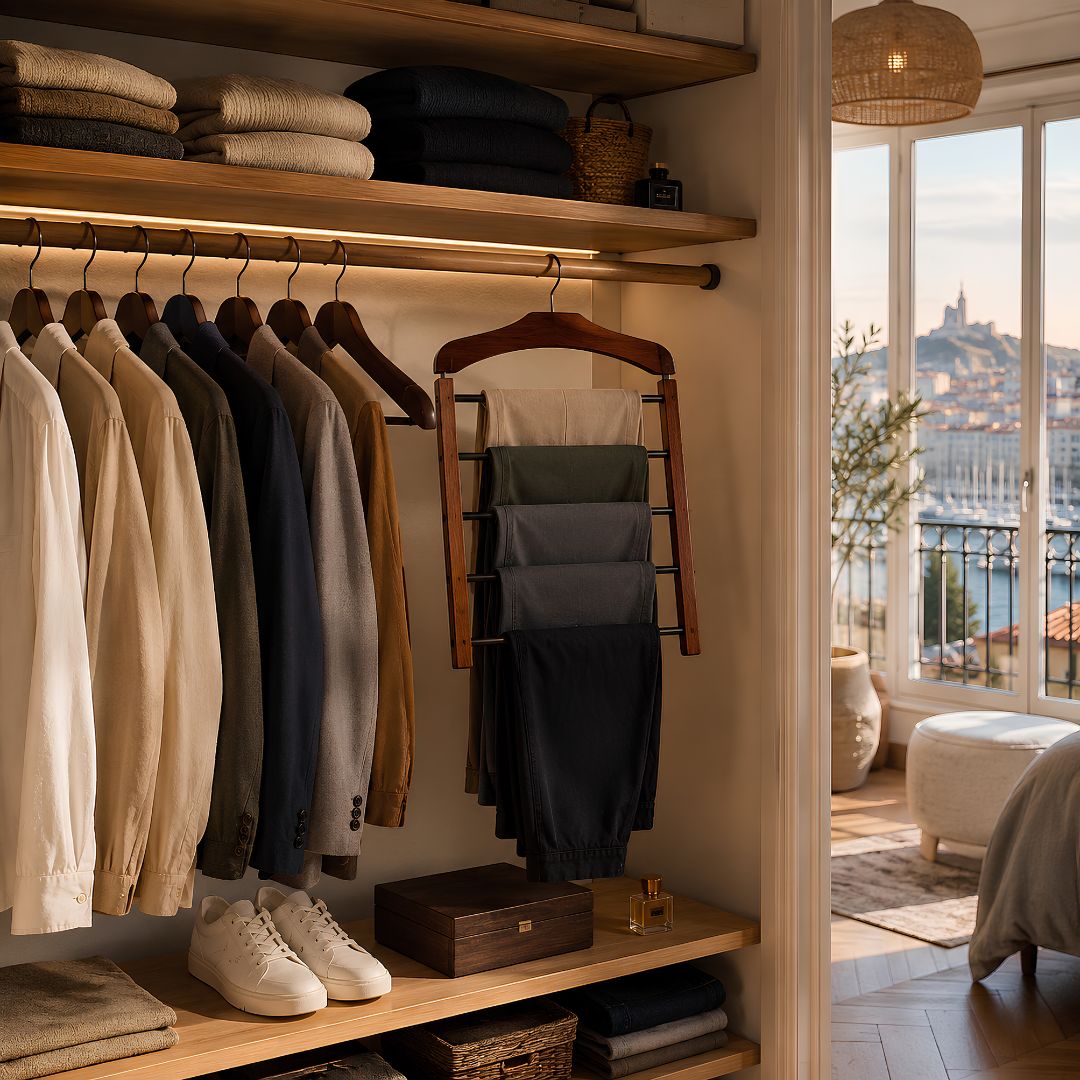 Cintre en bois multi-niveaux avec pantalons dans un dressing moderne et bien organisé à Marseille