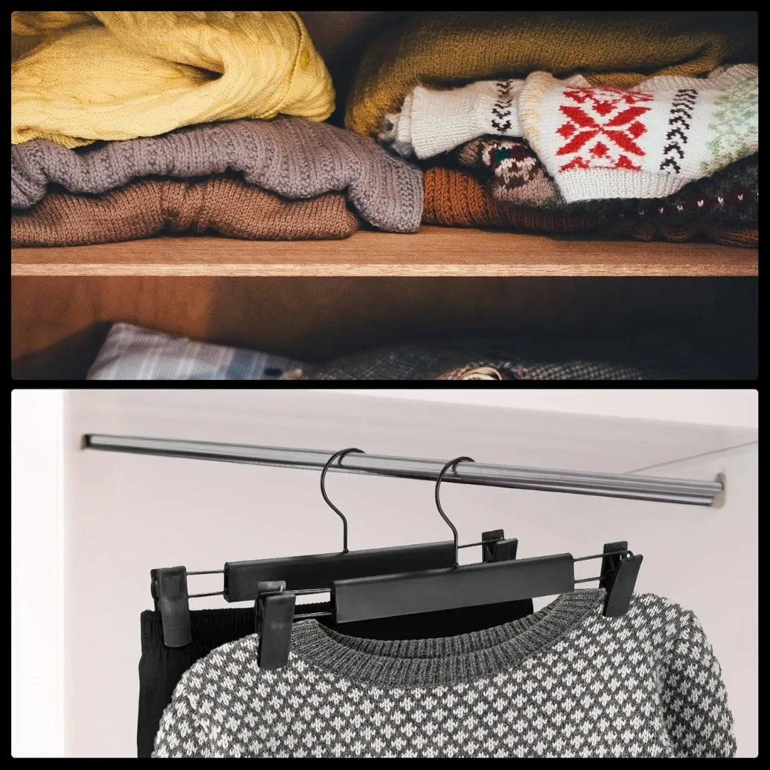 Organisation parfaite grâce aux cintres pince dans un dressing moderne aux finitions bois et lumière naturelle.