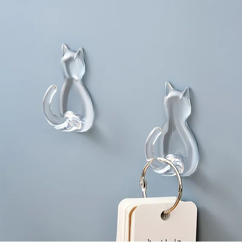 Lot de crochets muraux transparents en forme de chat, design décoratif et pratique pour organiser la maison sans perçage