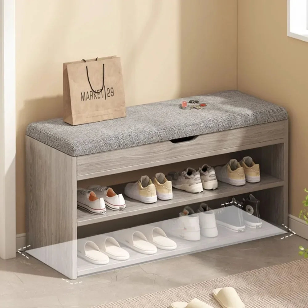Meuble à chaussures avec banc intégré, parfait pour organiser efficacement l’entrée tout en offrant un siège pratique.