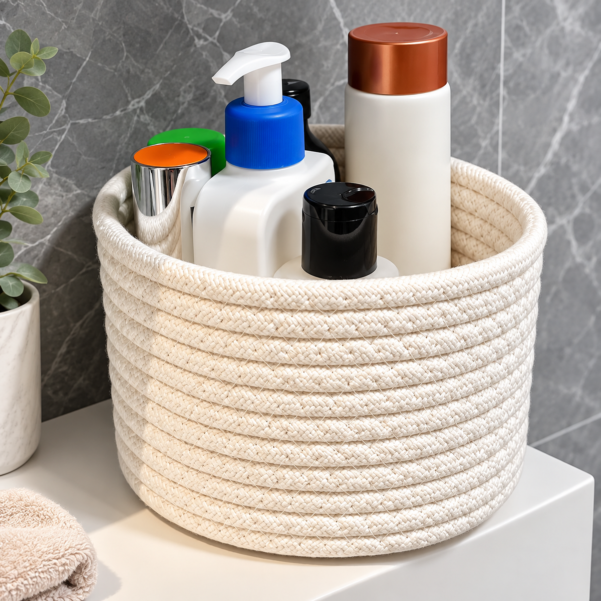 Panier de rangement en corde de coton avec produits de soin et accessoires dans une salle de bain.