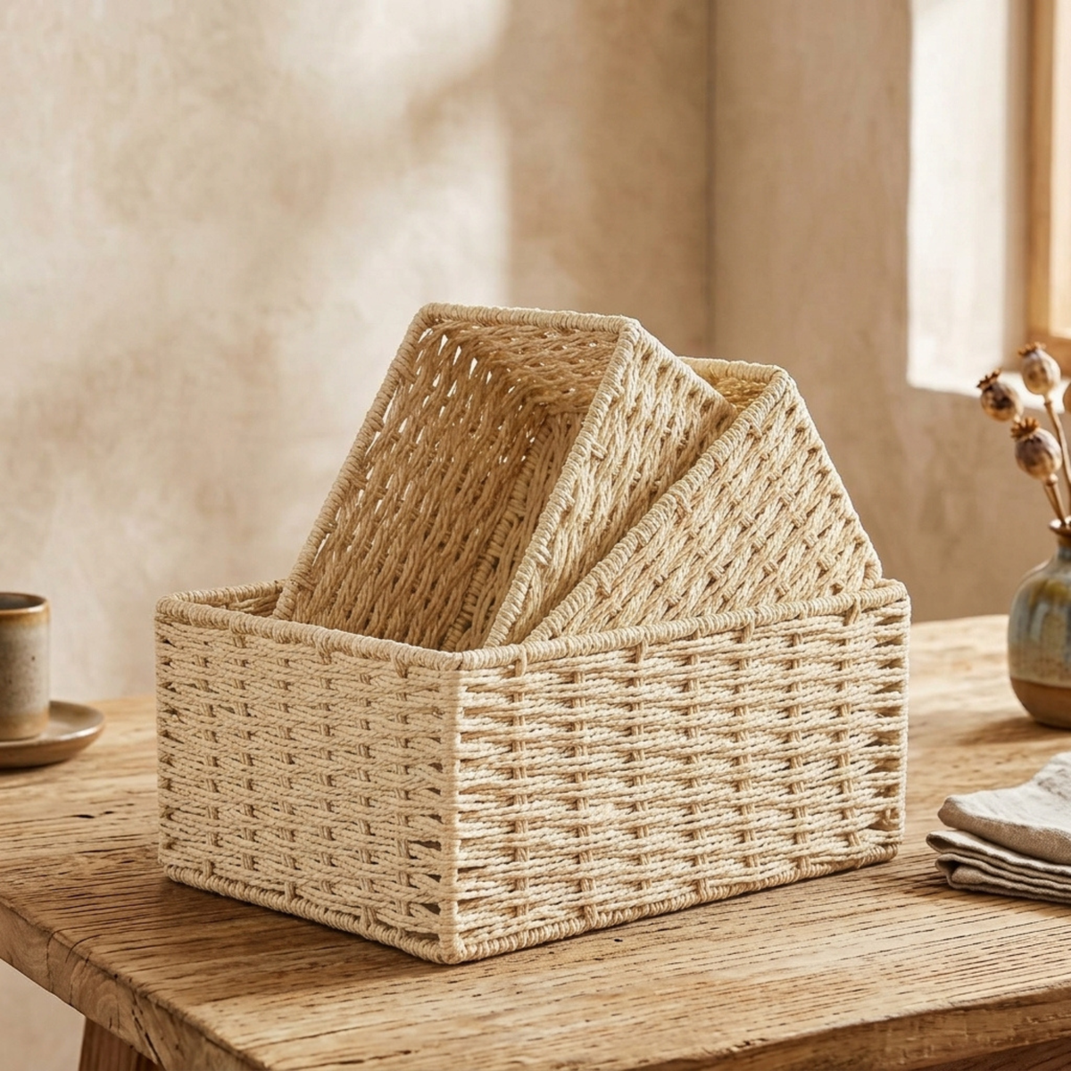 Gros plan sur le tressage artisanal et la structure renforcée d'un panier en osier beige.