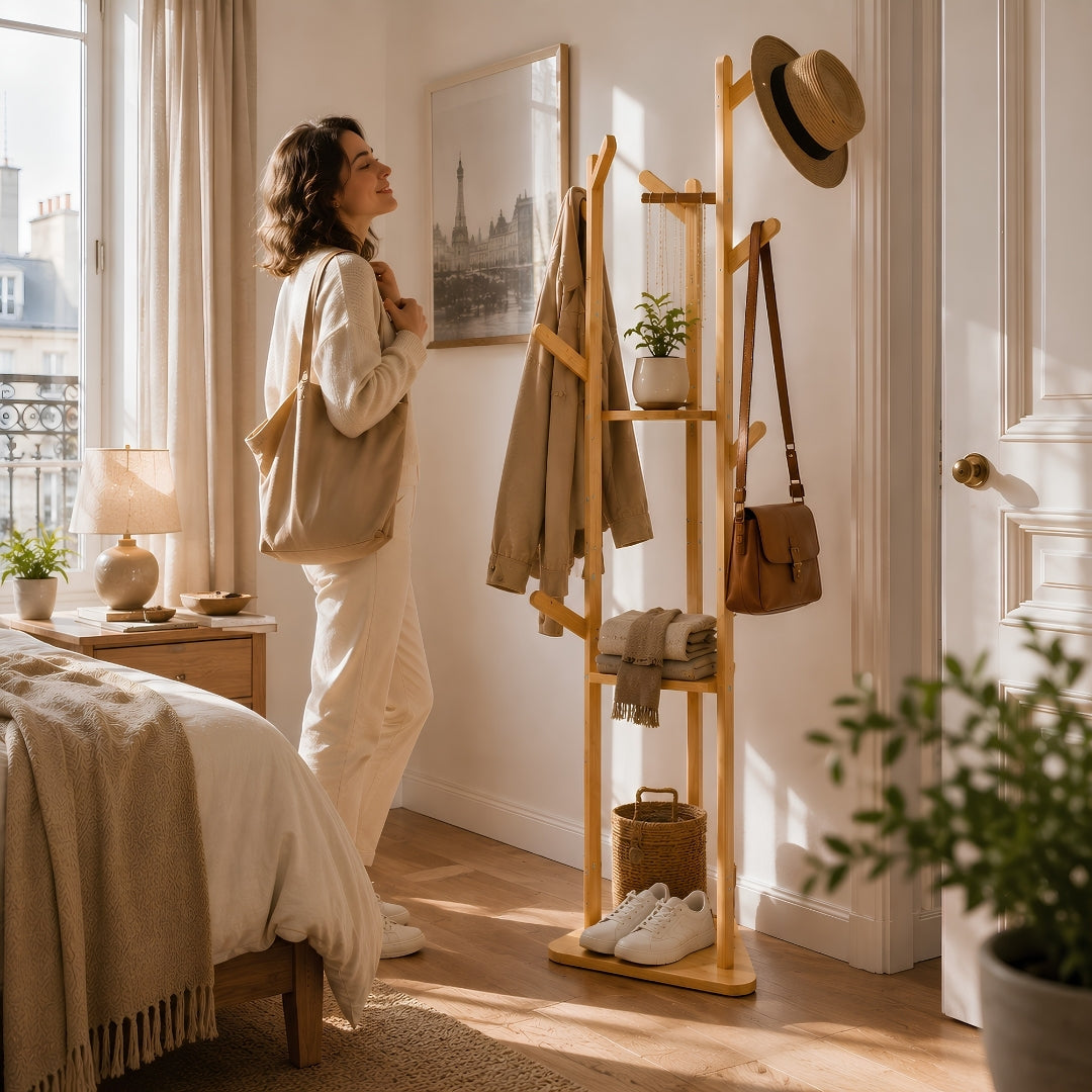 Porte manteau sur pied bois en bambou avec rangement vertical compact pour organiser vêtements et accessoires sans encombrer la pièce