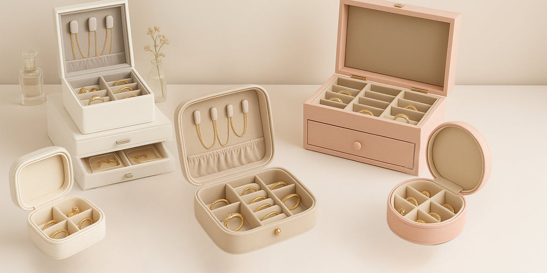 Boîte à bijoux parfaite en cuir beige avec intérieur en velours, compartiments organisés pour bagues, colliers et boucles d’oreilles, posée sur une coiffeuse élégante.