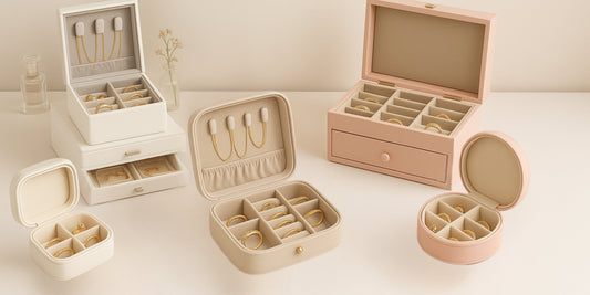 Boîte à bijoux parfaite en cuir beige avec intérieur en velours, compartiments organisés pour bagues, colliers et boucles d’oreilles, posée sur une coiffeuse élégante.