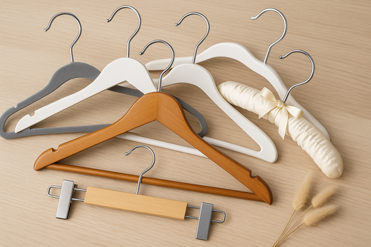 Cintres variés en bois, velours, plastique et métal sur fond clair.