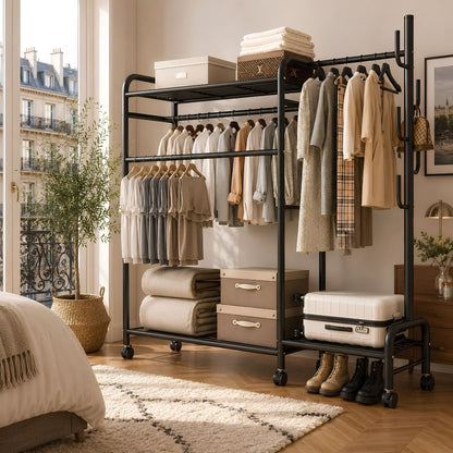 Portant vetement design en acier noir avec double barre de suspension et grande capacité de rangement