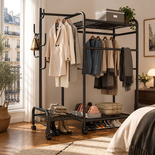 Portant vetement noir à double tringle avec étagères de rangement et roulettes pour chambre moderne