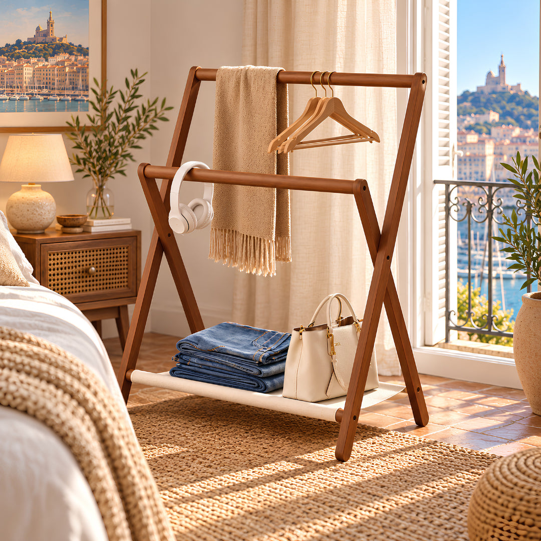Valet de chambre grand format en bois avec rangement pour vêtements, sacs et chaussures
