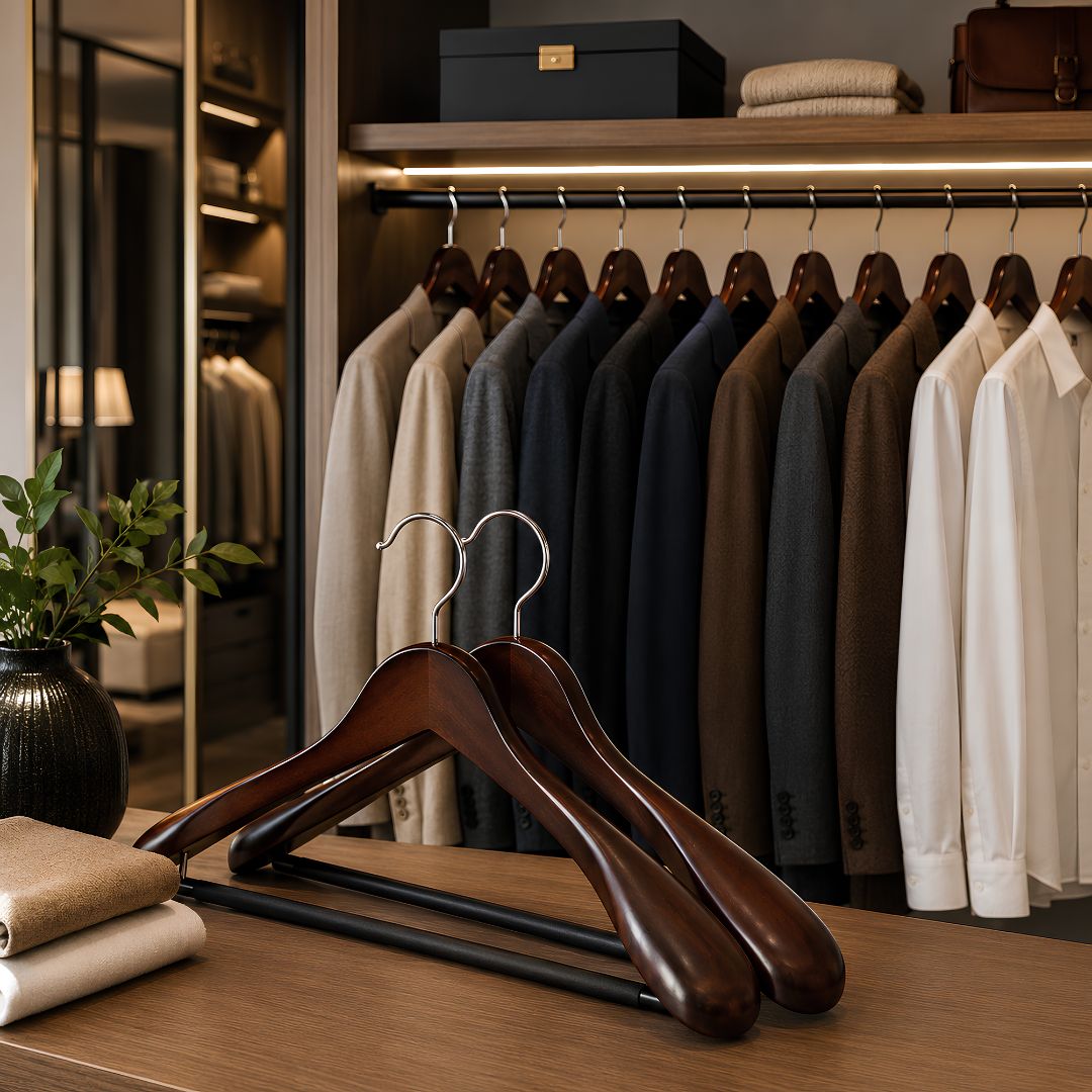 Cintre en bois dans un dressing élégant et organisé pour préserver et mettre en valeur les vêtements.