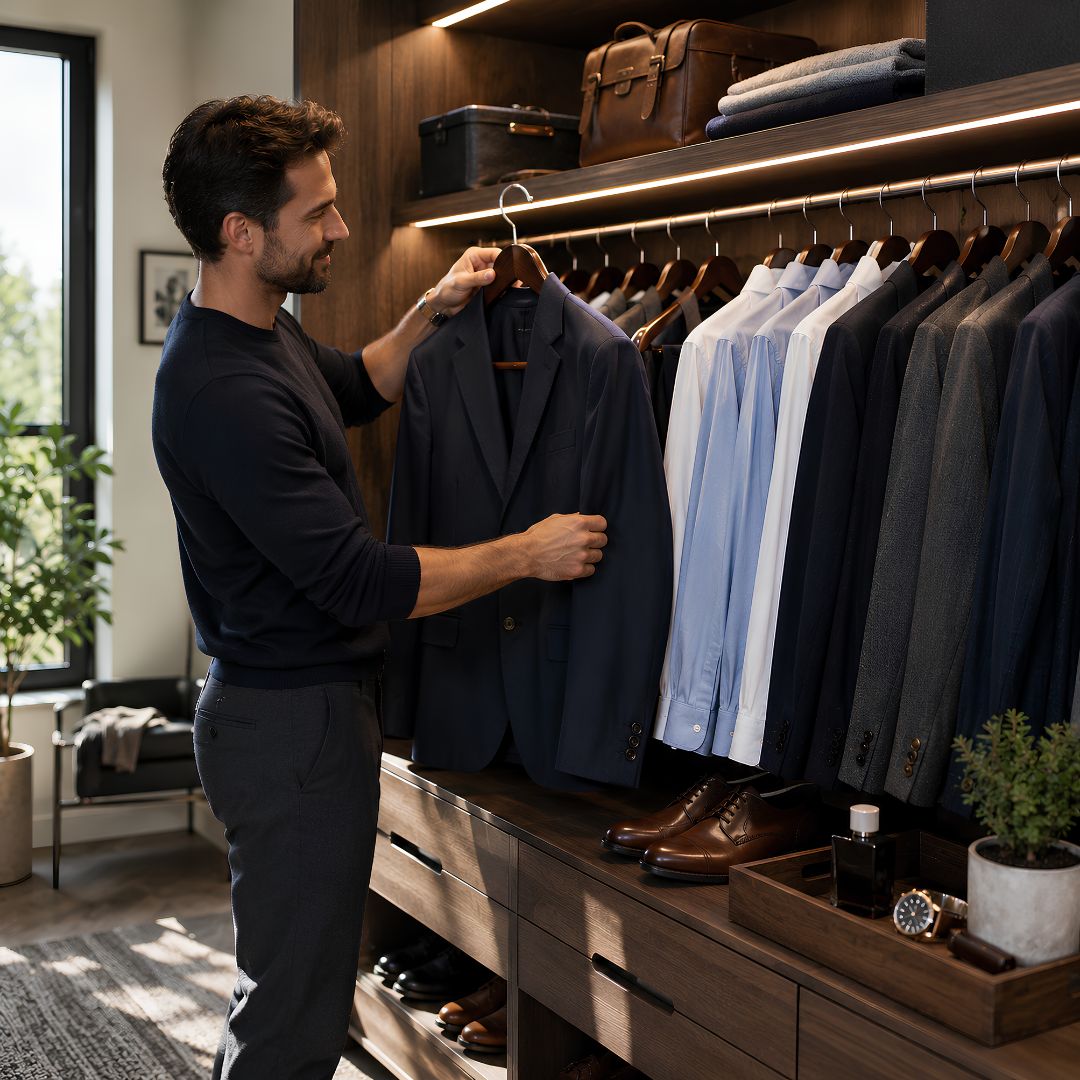 Homme rangeant une veste sur un cintre en bois pour organiser son dressing