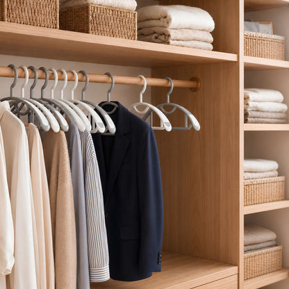 Dressing ouvert organisé avec des vêtements sur des cintres blancs et gris, des paniers tressés et un blazer bleu
