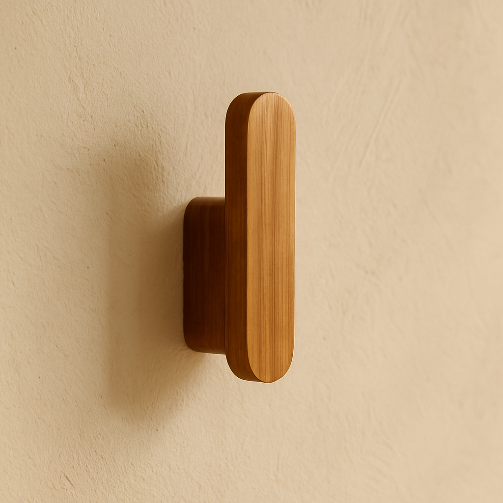Crochet mural classique en bois naturel sur mur beige clair, au design épuré et chaleureux, parfait pour une entrée scandinave élégante.