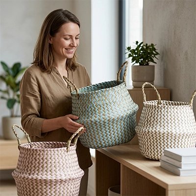 Panier de rangement décoratif pour une chambre ordonnée et chaleureuse