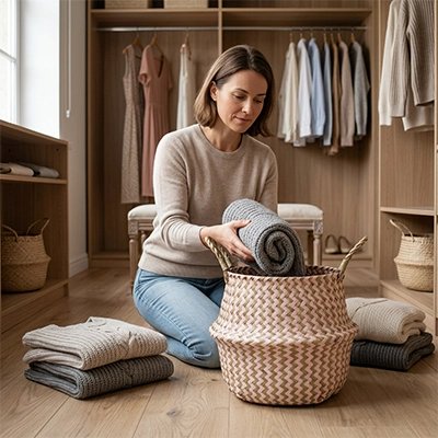 Panier de rangement posé dans une armoire pour optimiser l’espace