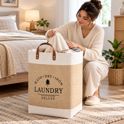 Panier à linge en coton écru installé dans une chambre pour garder les vêtements bien rangés
