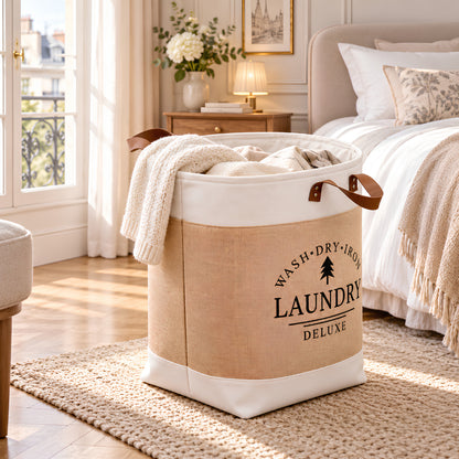 Panier linge sale en tissu écru dans une chambre parisienne élégante pour garder la pièce ordonnée et apaisante