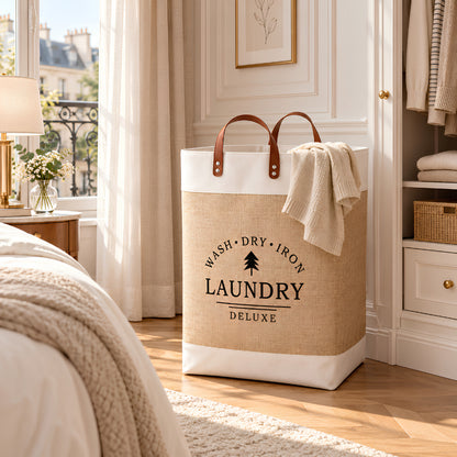 Panier linge sale en tissu écru avec poignées marron placé dans une chambre parisienne élégante pour garder l’espace propre et apaisé
