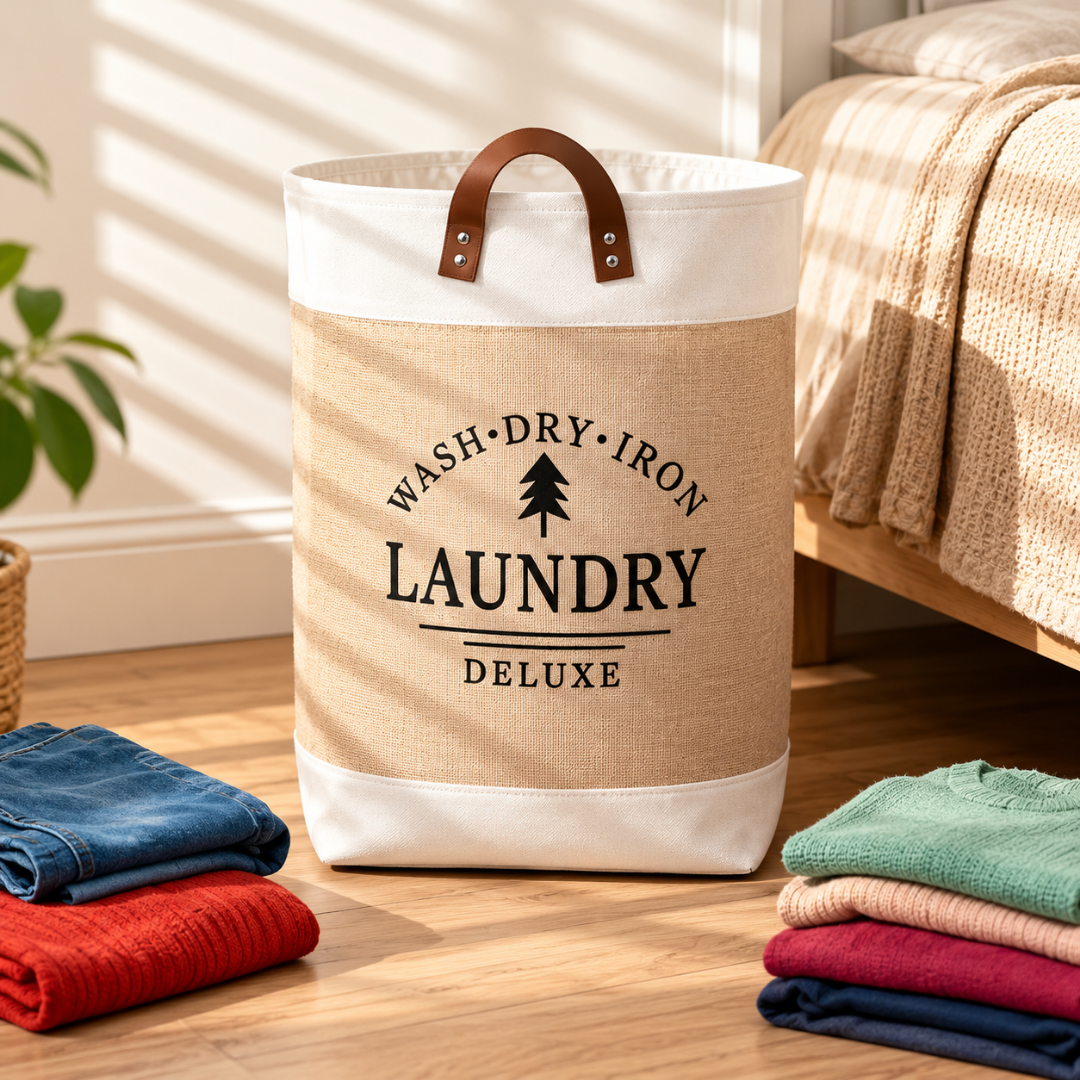Panier linge sale au design classique et à la couleur écrue pour une chambre harmonieuse
