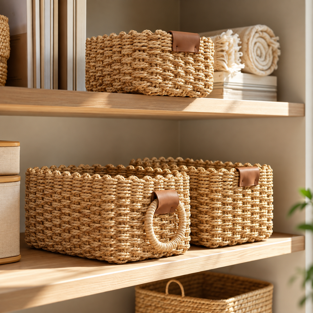 Paniers de rangement tressés artisanaux organisant maquillage, parfums et produits de soin.