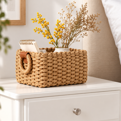 Paniers tressés permettant d'organiser les cosmétiques sur une coiffeuse de chambre.