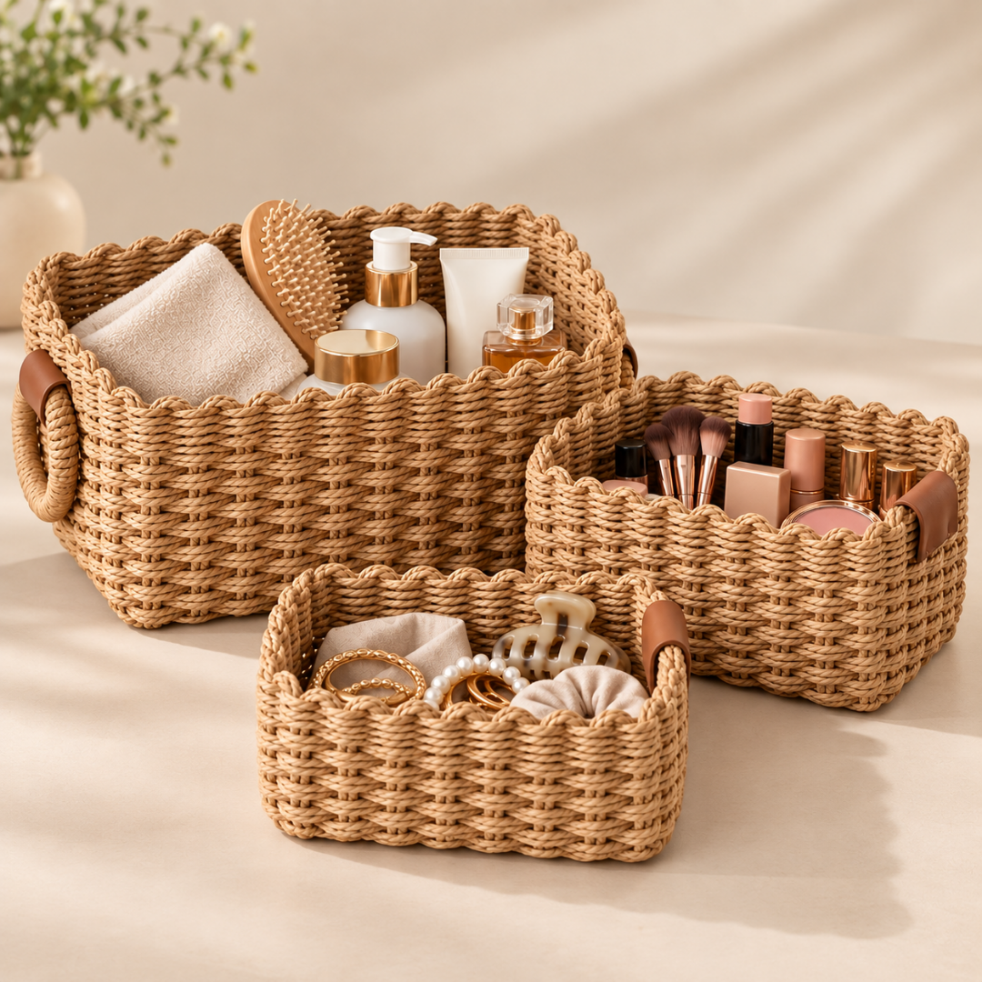 Deux paniers de rangement tressés contenant des produits de beauté et accessoires de maquillage.
