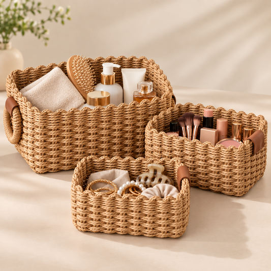 Deux paniers de rangement tressés contenant des produits de beauté et accessoires de maquillage.
