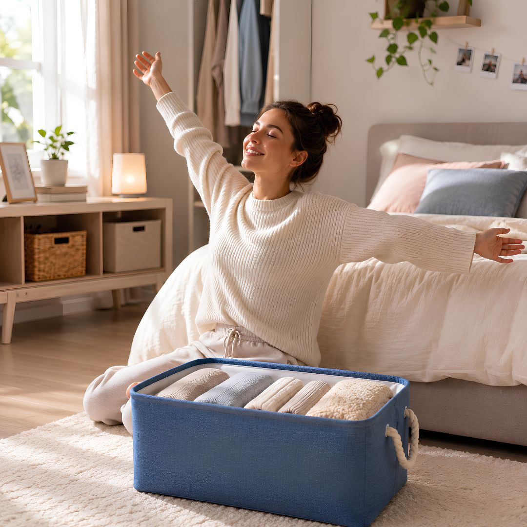 Paniers de rangement bleu dans une chambre organisée et apaisante
