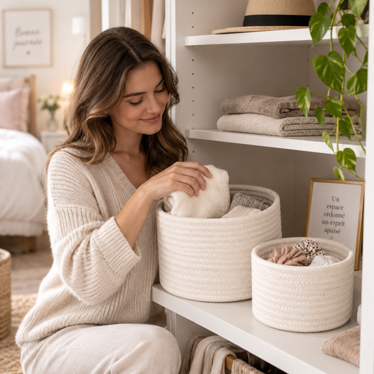 Paniers de rangement en corde de coton sur une commode dans une chambre organisée
