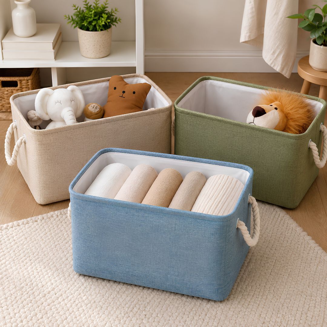 Paniers de rangement en tissu bleu, beige et vert pour organiser vêtements, jouets et accessoires dans la maison