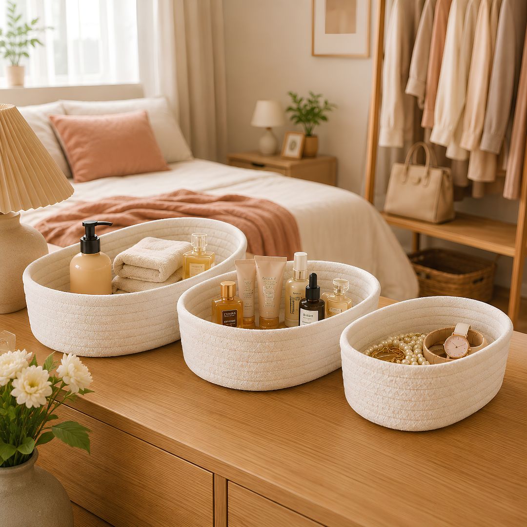 Paniers de rangement idéals pour organiser une coiffeuse ou un meuble de chambre