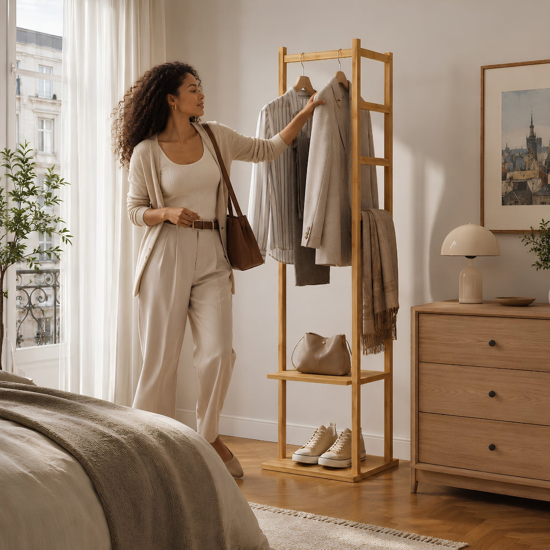 Femme prête à partir prenant sa veste sur un portant vetement bois en bambou, dans une chambre parisienne lumineuse et organisée
