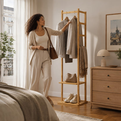 Femme prête à partir prenant sa veste sur un portant vetement bois en bambou, dans une chambre parisienne lumineuse et organisée