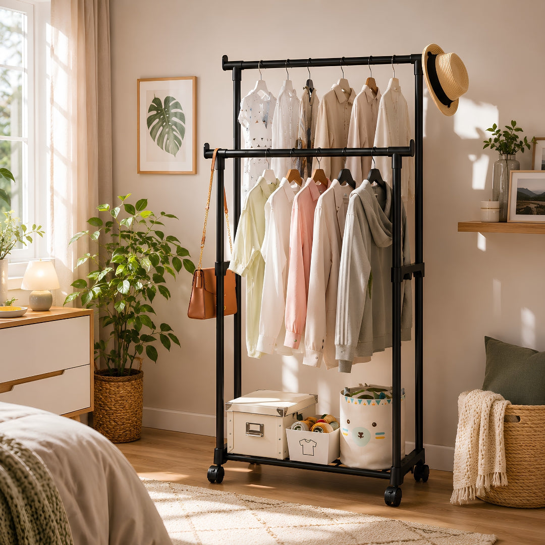 Portant vetement double avec deux tringles dans une chambre bien organise