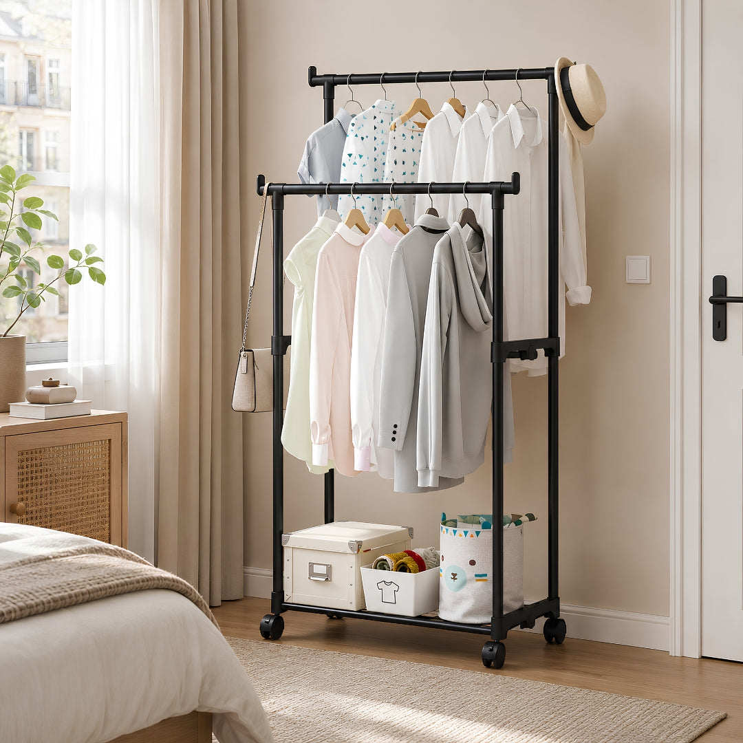 Portant vetement  noir avec étagère pour ranger vêtements et chaussures