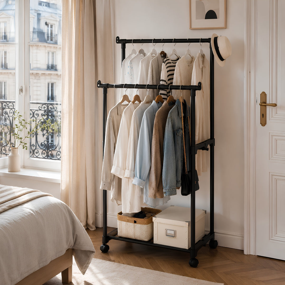 Portant vetement avec étagère pour ranger vêtements et chaussures
