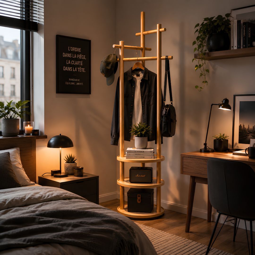 Portants vetements en bois naturel dans une chambre moderne et chaleureuse, avec vêtements, sac et accessoires intégrés à la décoration.