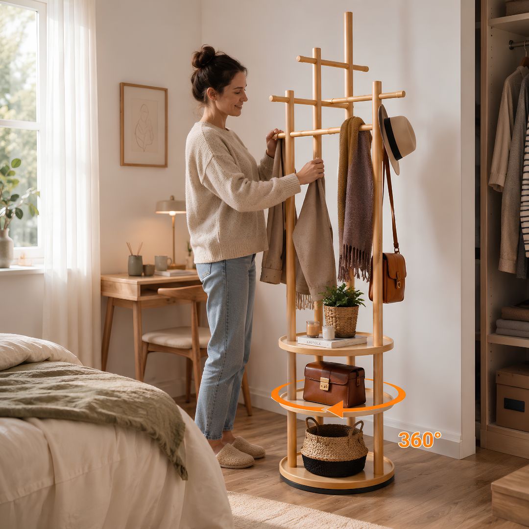 Portants vetements en bois rotatif à 360° dans une chambre, avec manteaux, chapeau, sac et accessoires facilement accessibles.