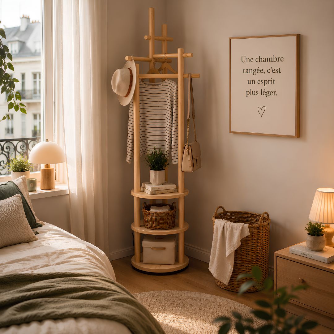Portants vetements en bois dans une petite chambre chaleureuse, avec vêtements, chapeau, sac et accessoires parfaitement organisés.