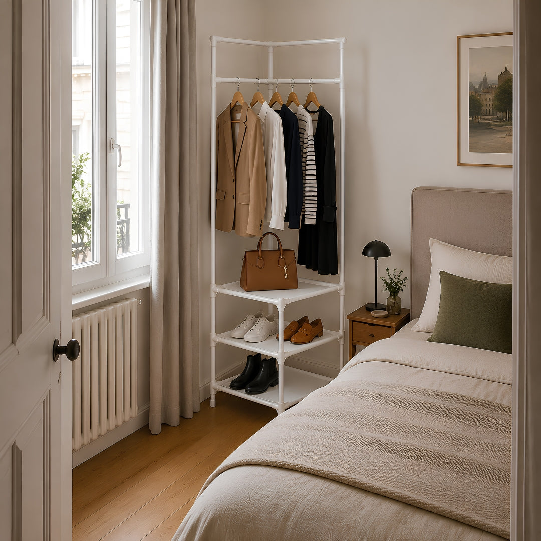 Porte manteau sur pied transformant un angle inutilisé en espace clair pour vêtements, chaussures et accessoires