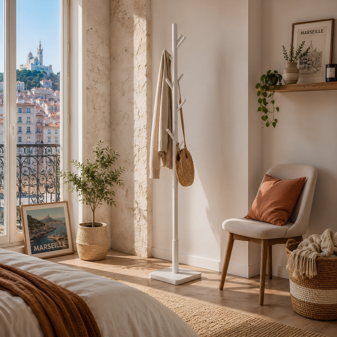 Porte manteau sur pied bois avec vêtements suspendus dans une chambre lumineuse à Marseille, près d’une chaise dégagée