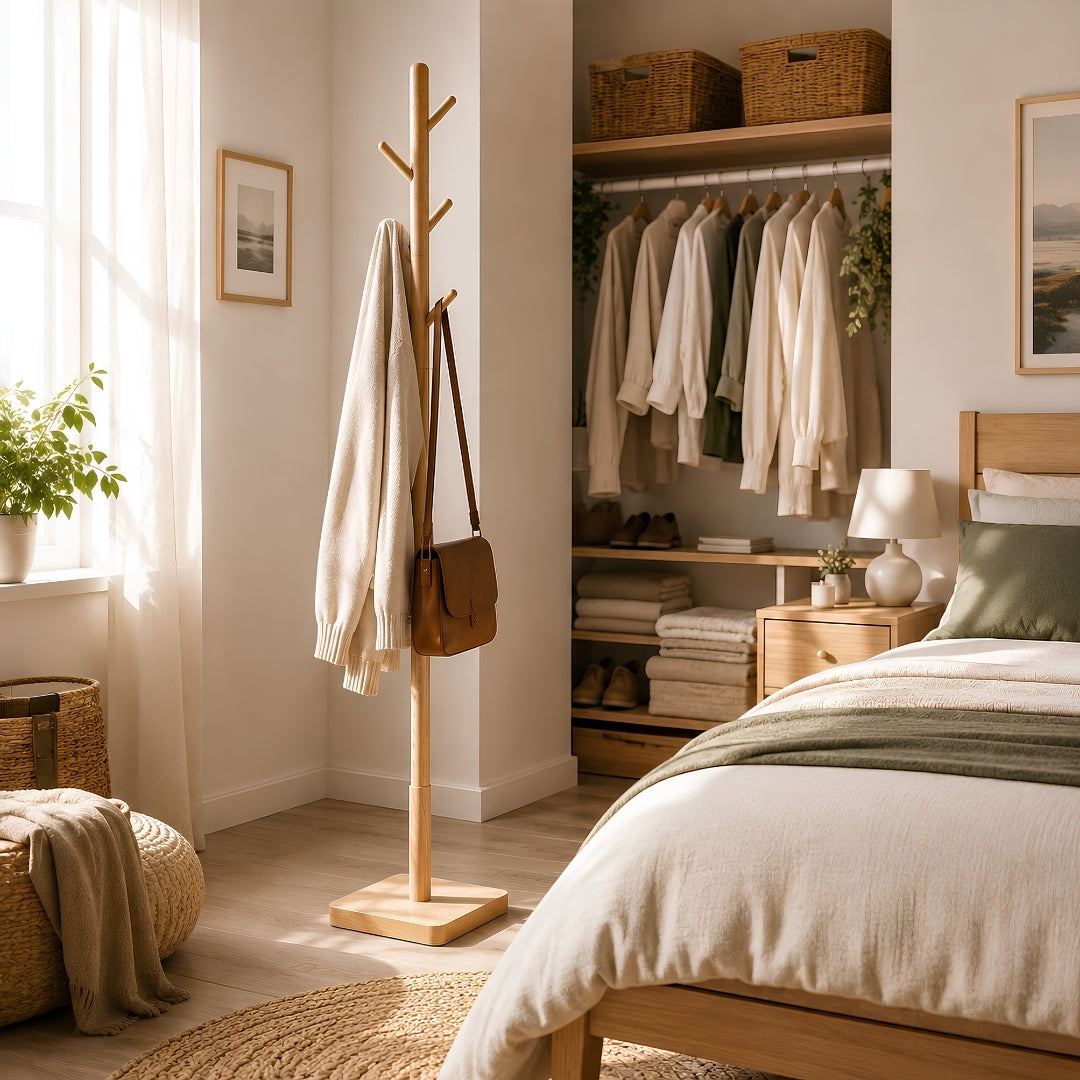 Porte manteau sur pied bois dans une chambre chaleureuse et parfaitement rangée avec dressing ouvert