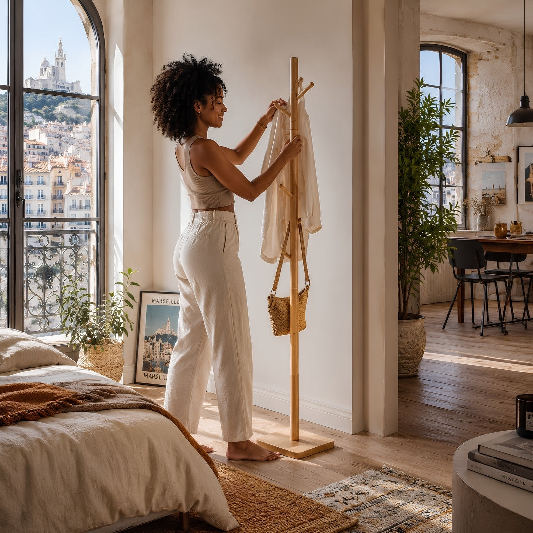 Porte manteau sur pied bois dans une chambre loft à Marseille avec une femme rangeant sa blouse