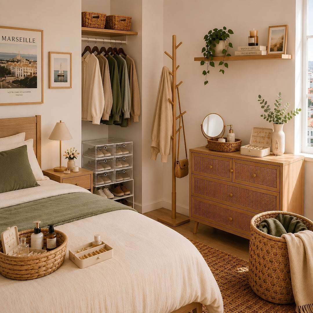 Porte manteau sur pied bois dans une chambre organisée et chaleureuse avec dressing, rangements et accessoires