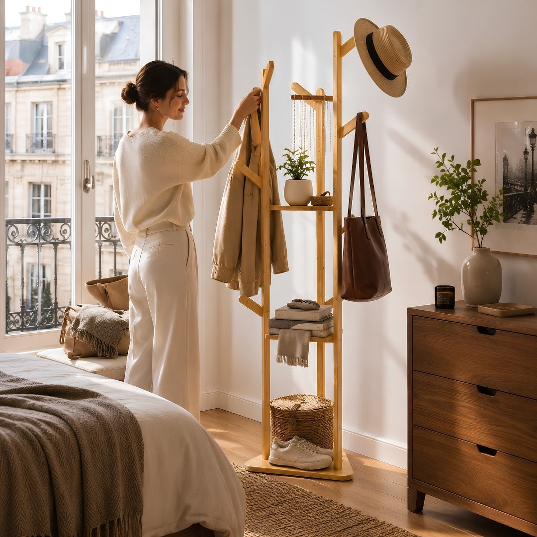 Porte manteau sur pied bois dans une chambre parisienne, avec veste, sac et accessoires regroupés pour simplifier la routine du matin