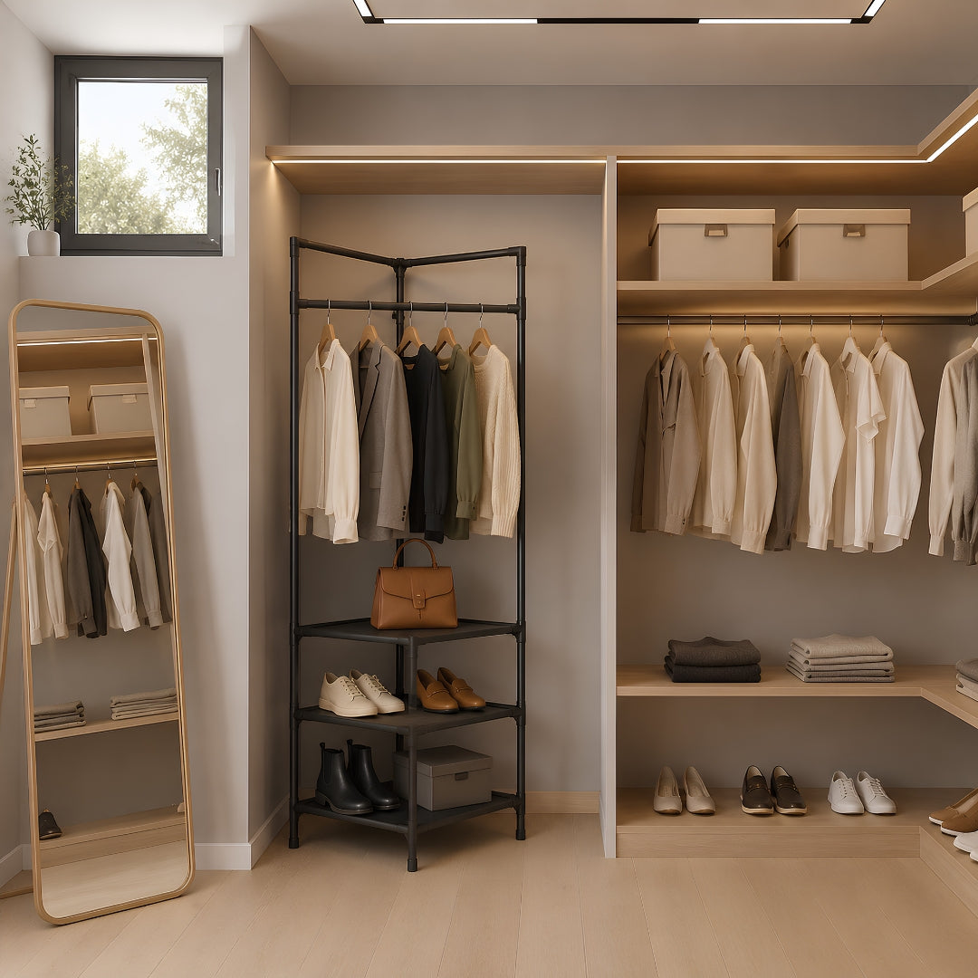 Porte manteau sur pied créant une zone organisée qui apporte davantage de calme visuel au dressing