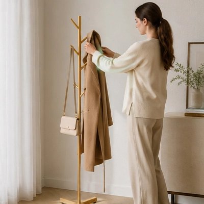 Porte manteau sur pied en métal doré avec plusieurs crochets pour chambre ou entrée