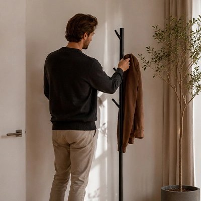 Porte manteau sur pied gain de place parfait pour une entrée, un bureau ou un dressing