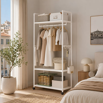 Porte vêtement blanc avec rangement pour vêtements, chaussures et accessoires