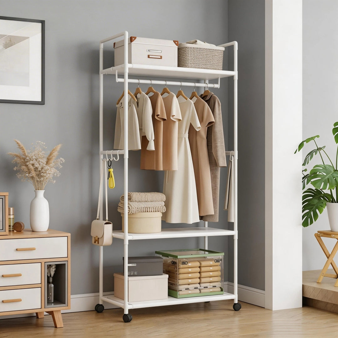 Porte vêtement multifonction avec étagères et roulettes pour optimiser le rangement